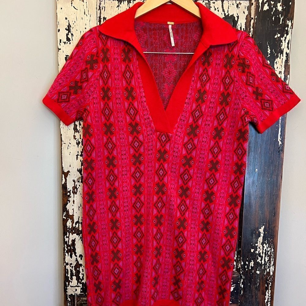 FREE PEOPLE Red Pink & Purple Wool Blend Collared Mini Sweater Dress women Small